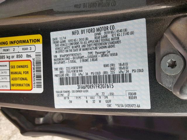 3FA6P0K97FR207615 - 2015 FORD FUSION TIT GRAY photo 10