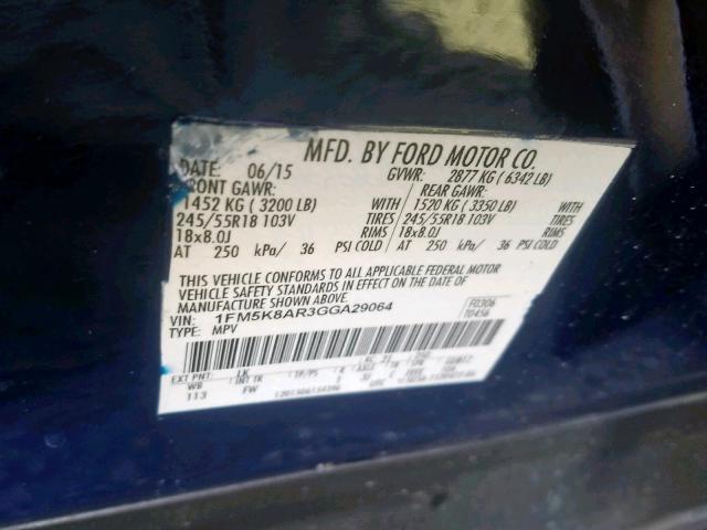 1FM5K8AR3GGA29064 - 2016 FORD EXPLORER P BLUE photo 10