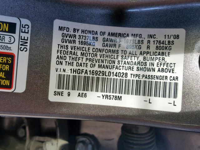1HGFA16929L014028 - 2009 HONDA CIVIC EXL 灰色 照片 10