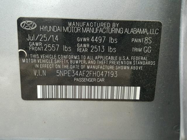 5NPE34AF2FH047193 - 2015 HYUNDAI SONATA SPO GRAY photo 10