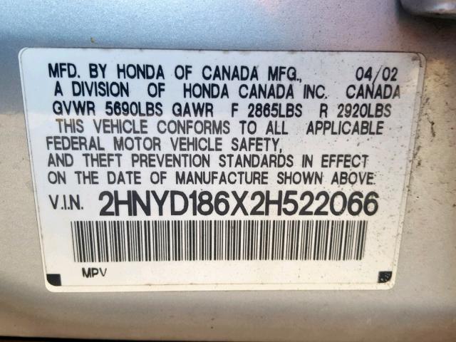 2HNYD186X2H522066 - 2002 ACURA MDX TOURIN GRAY photo 10