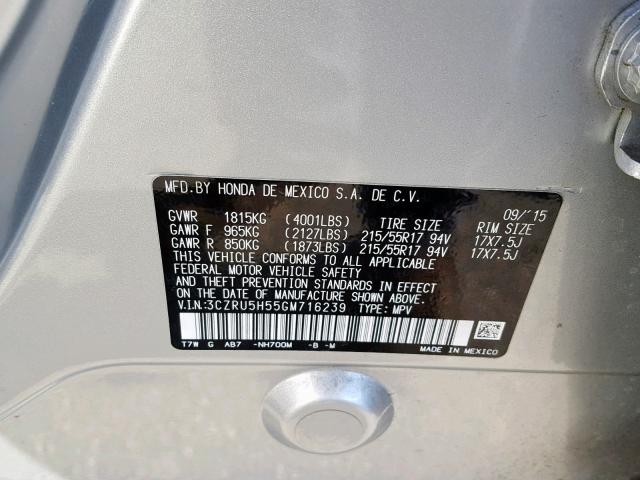 3CZRU5H55GM716239 - 2016 HONDA HR-V EX GRAY photo 10