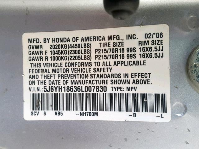 5J6YH18636L007830 - 2006 HONDA ELEMENT EX SILVER photo 10