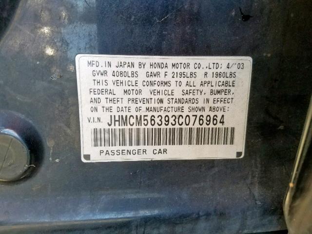 JHMCM56393C076964 - 2003 HONDA ACCORD LX BLACK photo 10