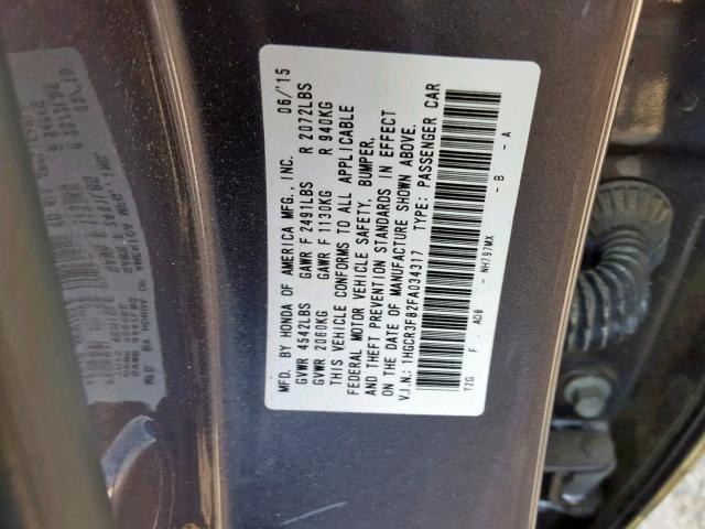 1HGCR3F82FA034317 - 2015 HONDA ACCORD EXL GRAY photo 10