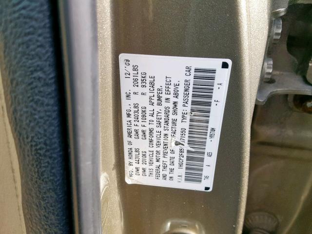 1HGCP2F85AA071550 - 2010 HONDA ACCORD EXL GOLD photo 10