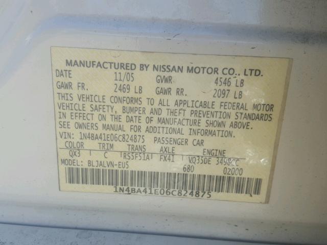 1N4BA41E06C824875 - 2006 NISSAN MAXIMA SE WHITE photo 10