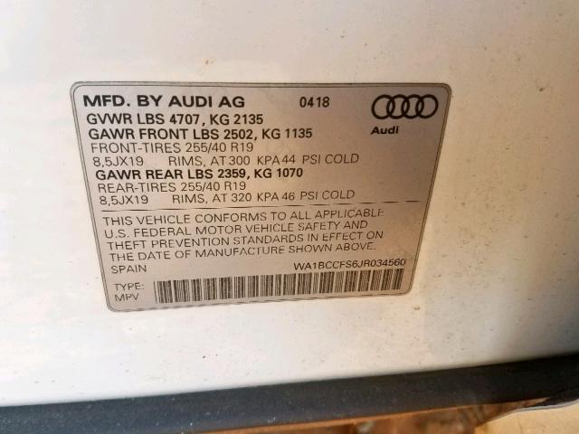 WA1BCCFS6JR034560 - 2018 AUDI Q3 PREMIUM WHITE photo 10