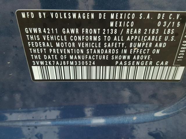3VW2K7AJ8FM330524 - 2015 VOLKSWAGEN JETTA BASE BLUE photo 10