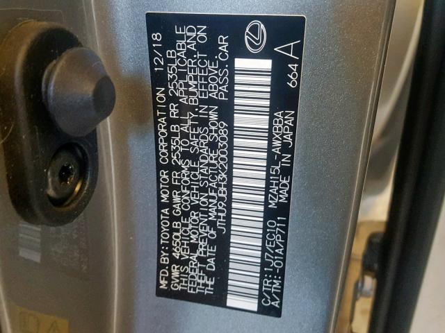 JTHU9JBH3K2003089 - 2019 LEXUS UX 250H SILVER photo 10