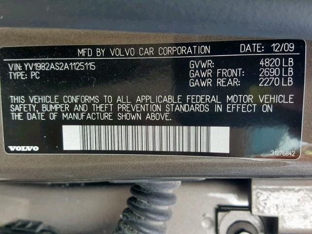 YV1982AS2A1125115 - 2010 VOLVO S80 3.2 GRAY photo 10