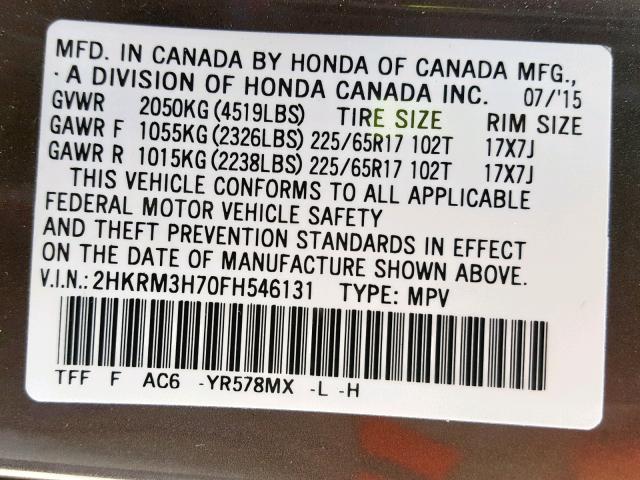 2HKRM3H70FH546131 - 2015 HONDA CR-V EXL BROWN photo 10