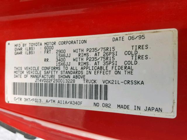 JT4VD22F2S0013228 - 1995 TOYOTA T100 XTRAC RED photo 10