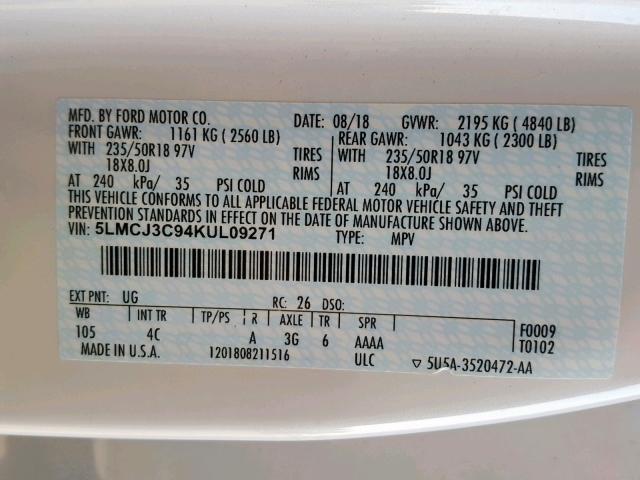 5LMCJ3C94KUL09271 - 2019 LINCOLN MKC RESERV WHITE photo 10