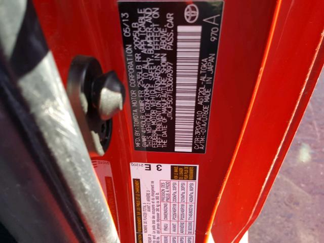 JTKJF5C71E3069397 - 2014 TOYOTA SCION TC 红色 照片 10