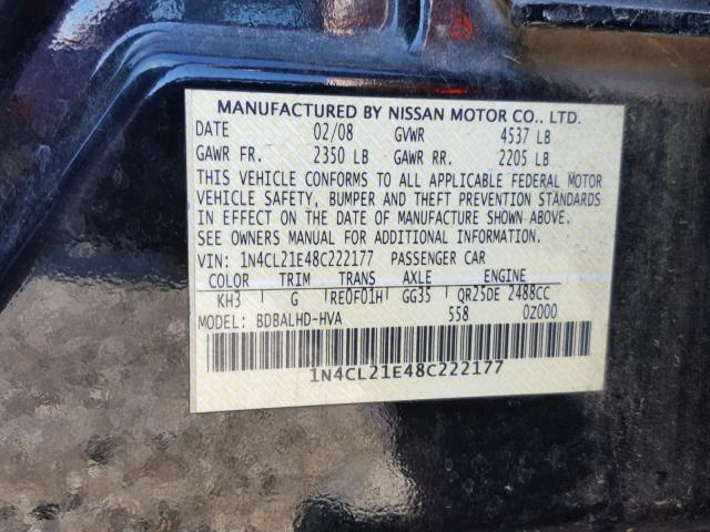 1N4CL21E48C222177 - 2008 NISSAN ALTIMA HYB BLACK photo 10