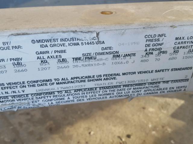 1MDAK6L17WA012237 - 1998 SHOR TRAILER თეთრი ფოტო 10