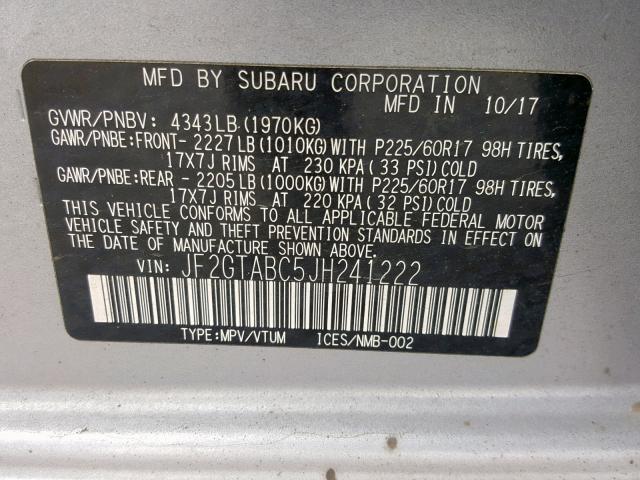 JF2GTABC5JH241222 - 2018 SUBARU CROSSTREK SILVER photo 10