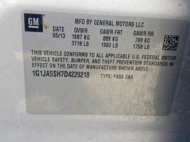 1G1JA5SH7D4229218 - 2013 CHEVROLET SONIC LS SILVER photo 10