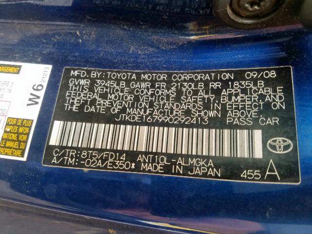 JTKDE167990292413 - 2009 TOYOTA SCION TC ლურჯი ფოტო 10