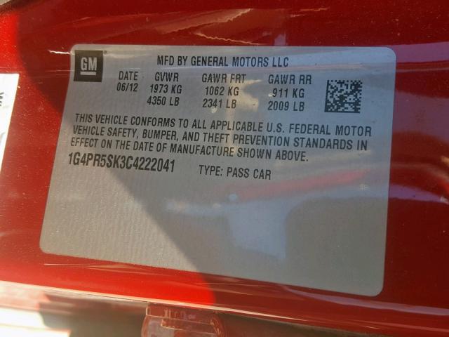 1G4PR5SK3C4222041 - 2012 BUICK VERANO CON RED photo 10