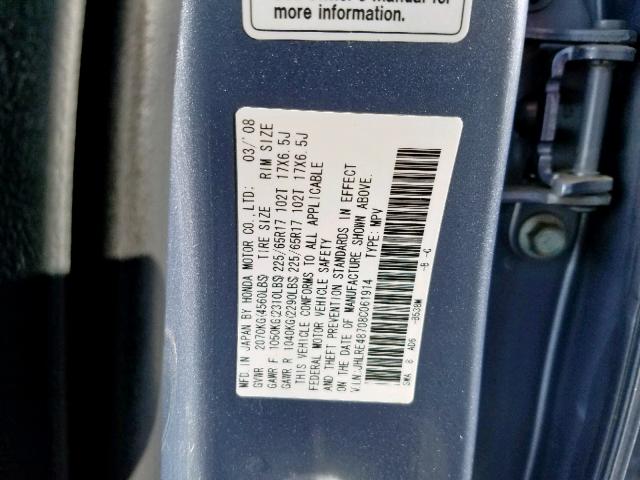 JHLRE48708C061914 - 2008 HONDA CR-V EXL GRAY photo 10