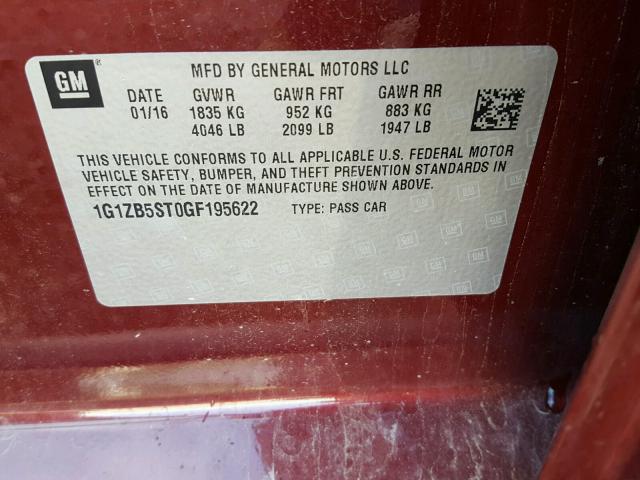 1G1ZB5ST0GF195622 - 2016 CHEVROLET MALIBU LS MAROON photo 10
