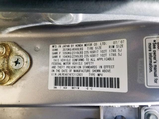 JHLRE48747C112801 - 2007 HONDA CR-V EXL SILVER photo 10