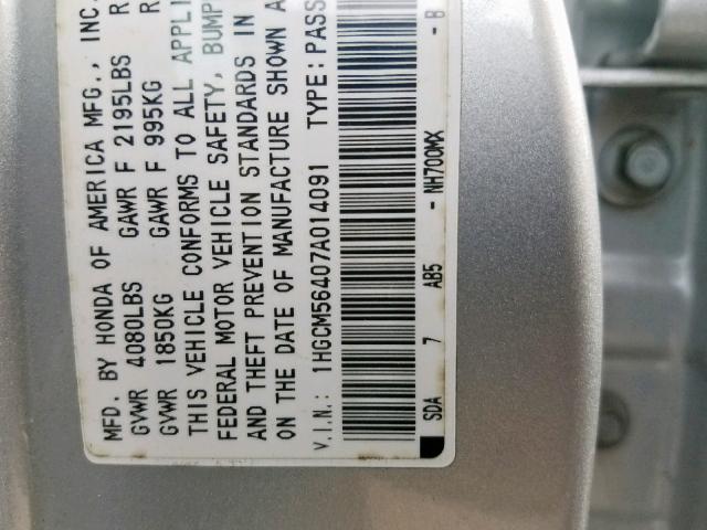 1HGCM56407A014091 - 2007 HONDA ACCORD LX SILVER photo 10