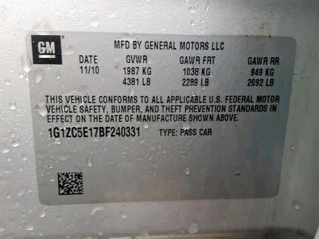 1G1ZC5E17BF240331 - 2011 CHEVROLET MALIBU 1LT SILVER photo 10
