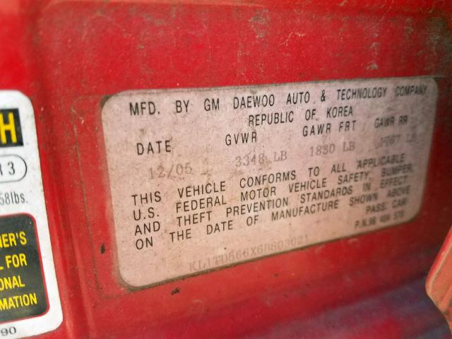 KL1TD566X6B603021 - 2006 CHEVROLET AVEO BASE წითელი ფოტო 10