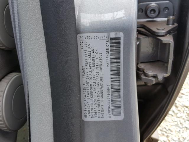 WVWPD63B42P449940 - 2002 VOLKSWAGEN PASSAT GLS GRAY photo 10