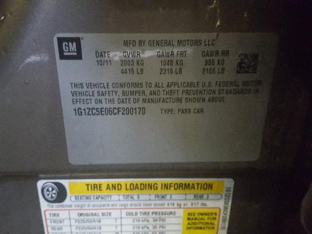 1G1ZC5E06CF200170 - 2012 CHEVROLET MALIBU 1LT 灰色 照片 10