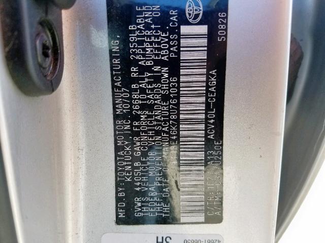 4T1BE46K78U761036 - 2008 TOYOTA CAMRY CE SILVER photo 10