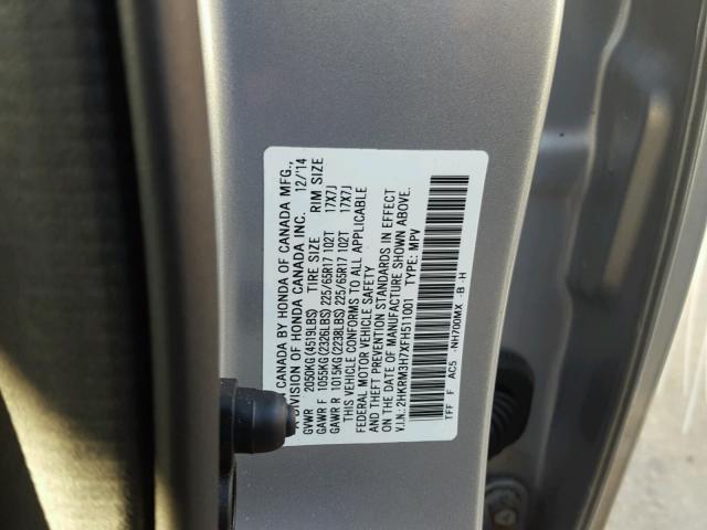 2HKRM3H7XFH511001 - 2015 HONDA CR-V EXL SILVER photo 10