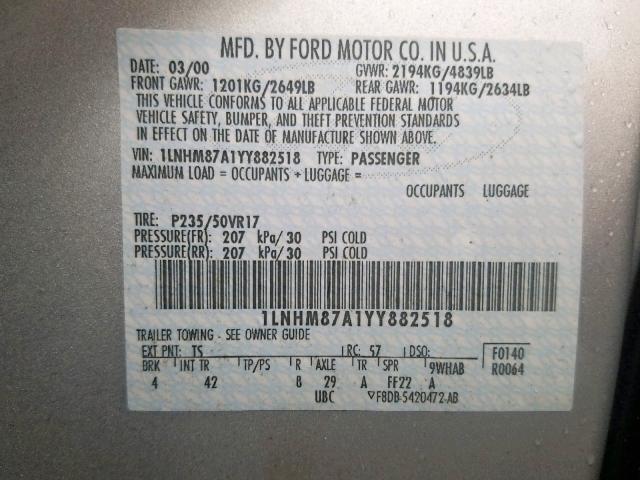 1LNHM87A1YY882518 - 2000 LINCOLN LS 银色 照片 10