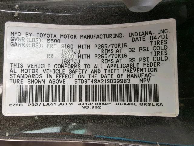 5TDBT48A21S039983 - 2001 TOYOTA SEQUOIA LI BLACK photo 10