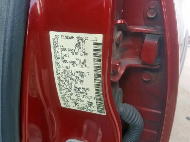 5N1ED28T24C637833 - 2004 NISSAN XTERRA XE MAROON photo 10