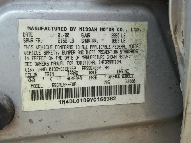 1N4DL01D9YC166382 - 2000 NISSAN ALTIMA XE TAN photo 10