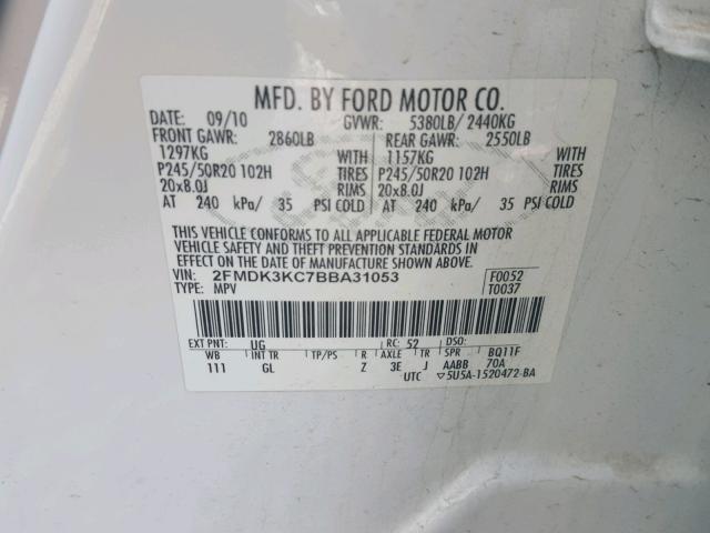 2FMDK3KC7BBA31053 - 2011 FORD EDGE LIMIT WHITE photo 10