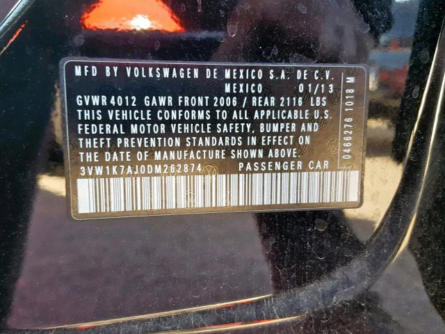 3VW1K7AJ0DM262874 - 2013 VOLKSWAGEN JETTA BASE 黑色 照片 10