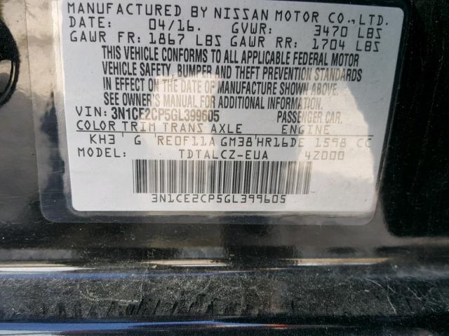 3N1CE2CP5GL399605 - 2016 NISSAN VERSA NOTE BLACK photo 10