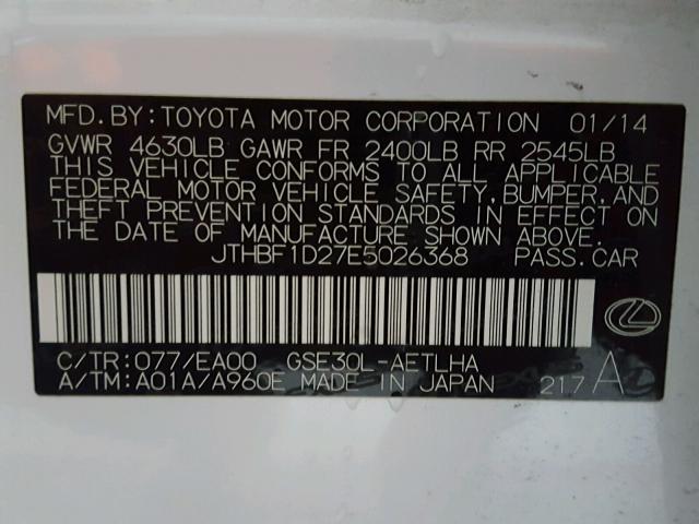 JTHBF1D27E5026368 - 2014 LEXUS IS 250 WHITE photo 10