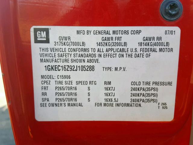 1GKEC16Z92J105288 - 2002 GMC YUKON XL C RED photo 10