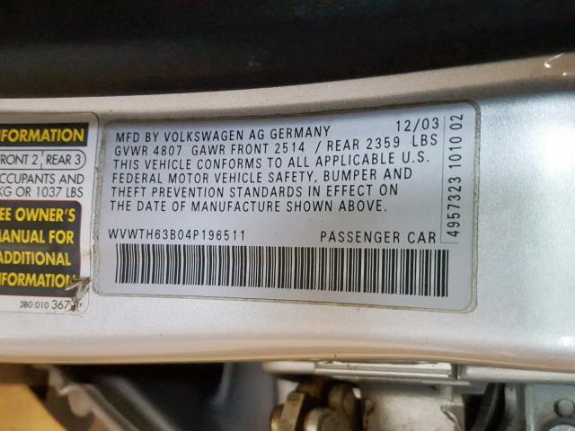 WVWTH63B04P196511 - 2004 VOLKSWAGEN PASSAT GLX 银色 照片 10