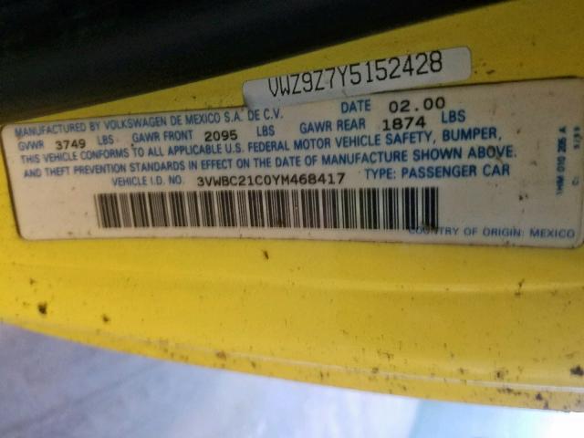 3VWBC21C0YM468417 - 2000 VOLKSWAGEN NEW BEETLE ყვითელი ფოტო 10