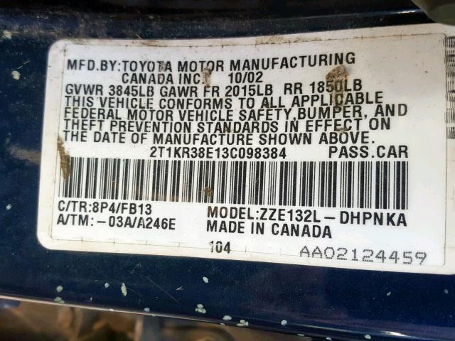 2T1KR38E13C098384 - 2003 TOYOTA COROLLA MA WHITE photo 10