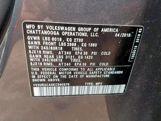 1V2UR2CA5KC560975 - 2019 VOLKSWAGEN ATLAS SE GRAY photo 10