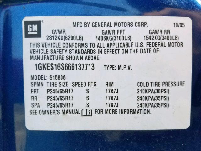 1GKES16S666137713 - 2006 GMC ENVOY XL BLUE photo 10