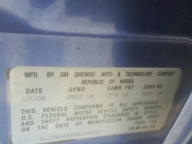 KL1TD56E69B340022 - 2009 CHEVROLET AVEO LS BLUE photo 10